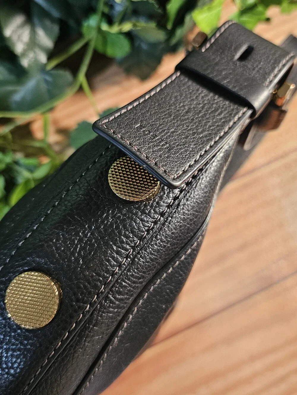 Rare Fossil Black Cowhide Leather Crescent Shoulder Bag Brass Hardware
